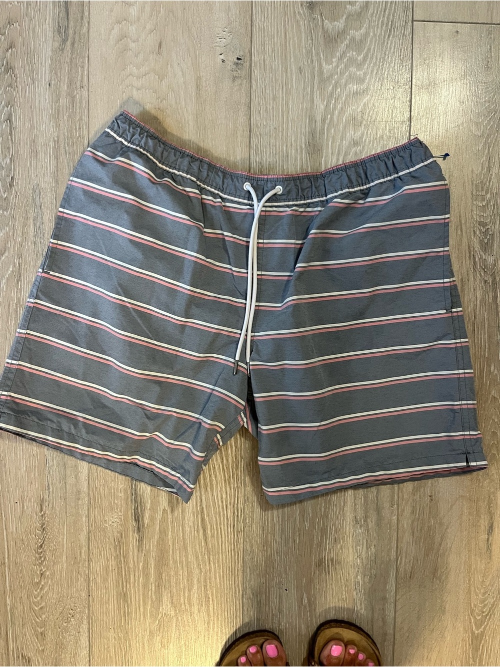 Bonobos Light Gray Swim Shorts with Pink & White Stripes size large